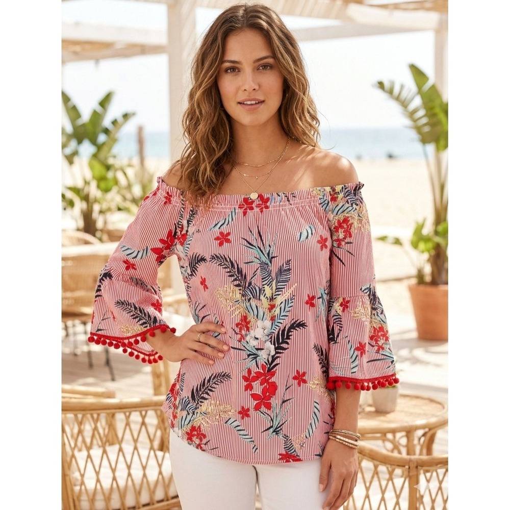 Grand & Greene Top Off Shoulder S Red White Tropical Pom Pom Bell Sleeves Boho